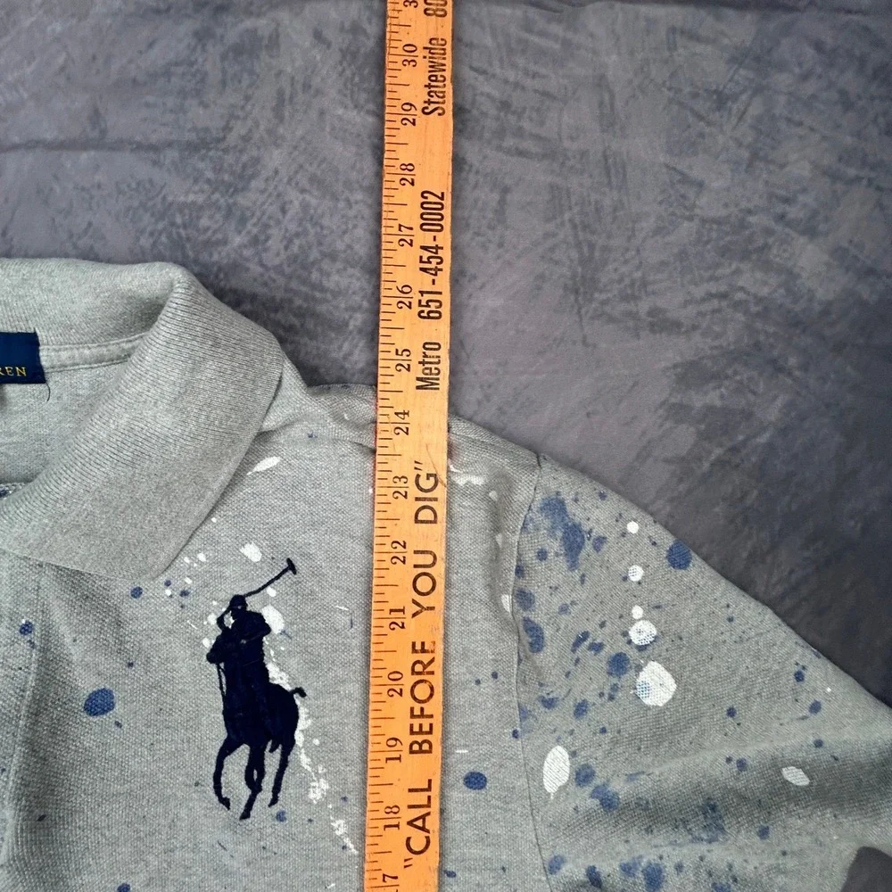 Polo Ralph Lauren Paint‎ Splatter Big Pony Polo Shirt Grey M Y2K Streetwear